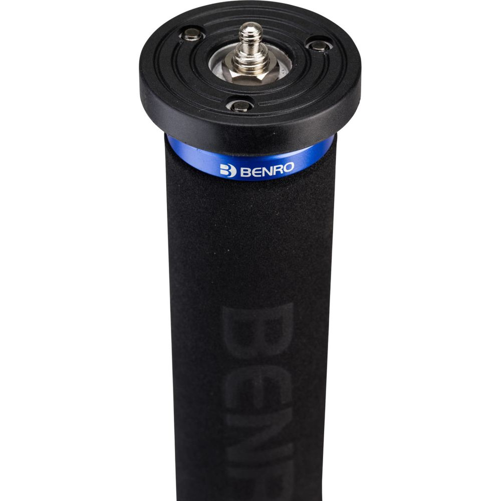 Impugnatura fotocamera grigio e nero con anello blu e adattatore filettato.