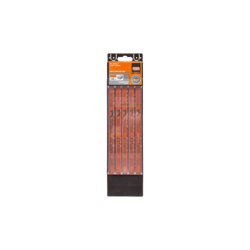 Verpackung mit fünf Sägeblättern, orange mit schwarzer Schrift.