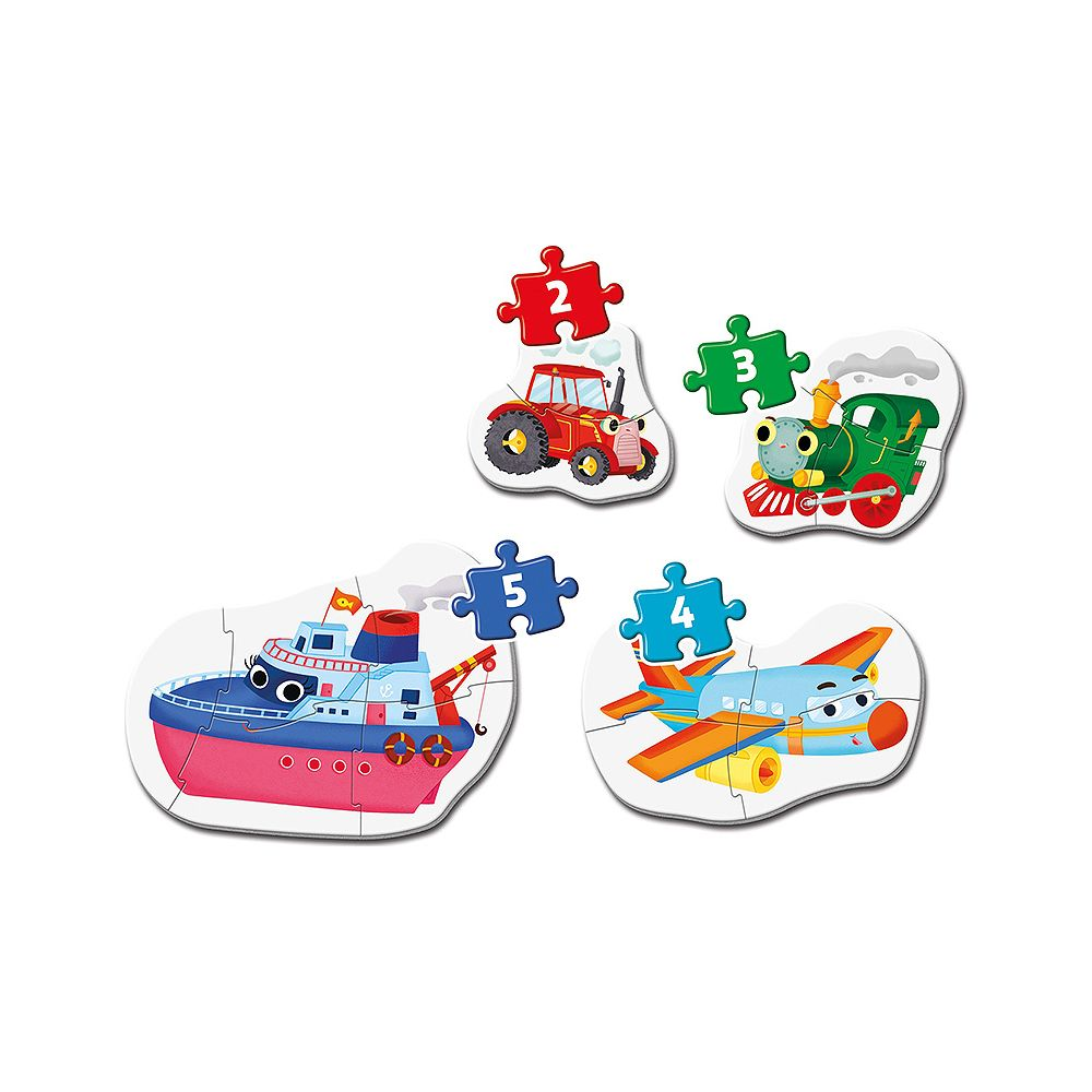 Pezzi del puzzle colorati: trattore, treno, aereo e barca.