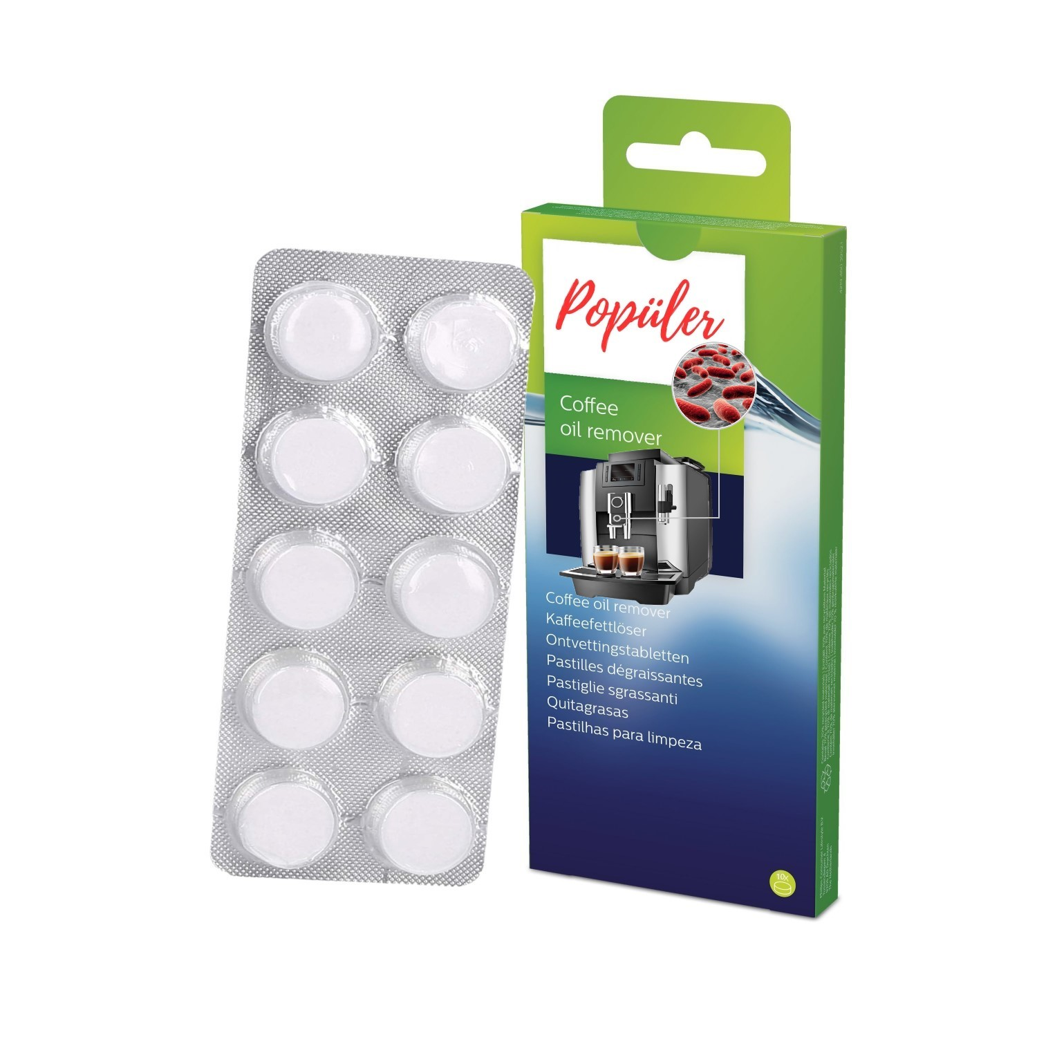 Kahve makineleri için 10 beyaz temizleme tabletinden oluşan blister.