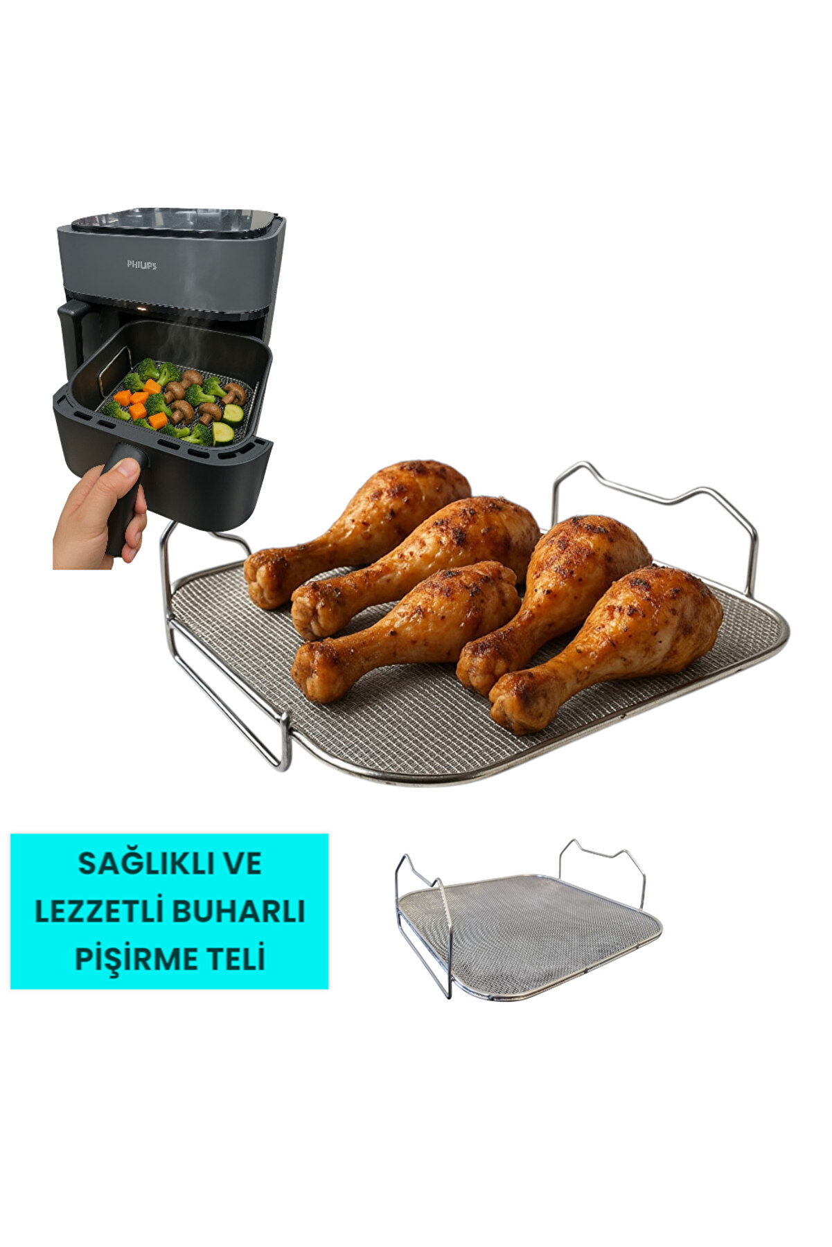Bir Philips Airfryer, sebze sepeti ve tavuk bagetleri bir ızgara üzerinde.