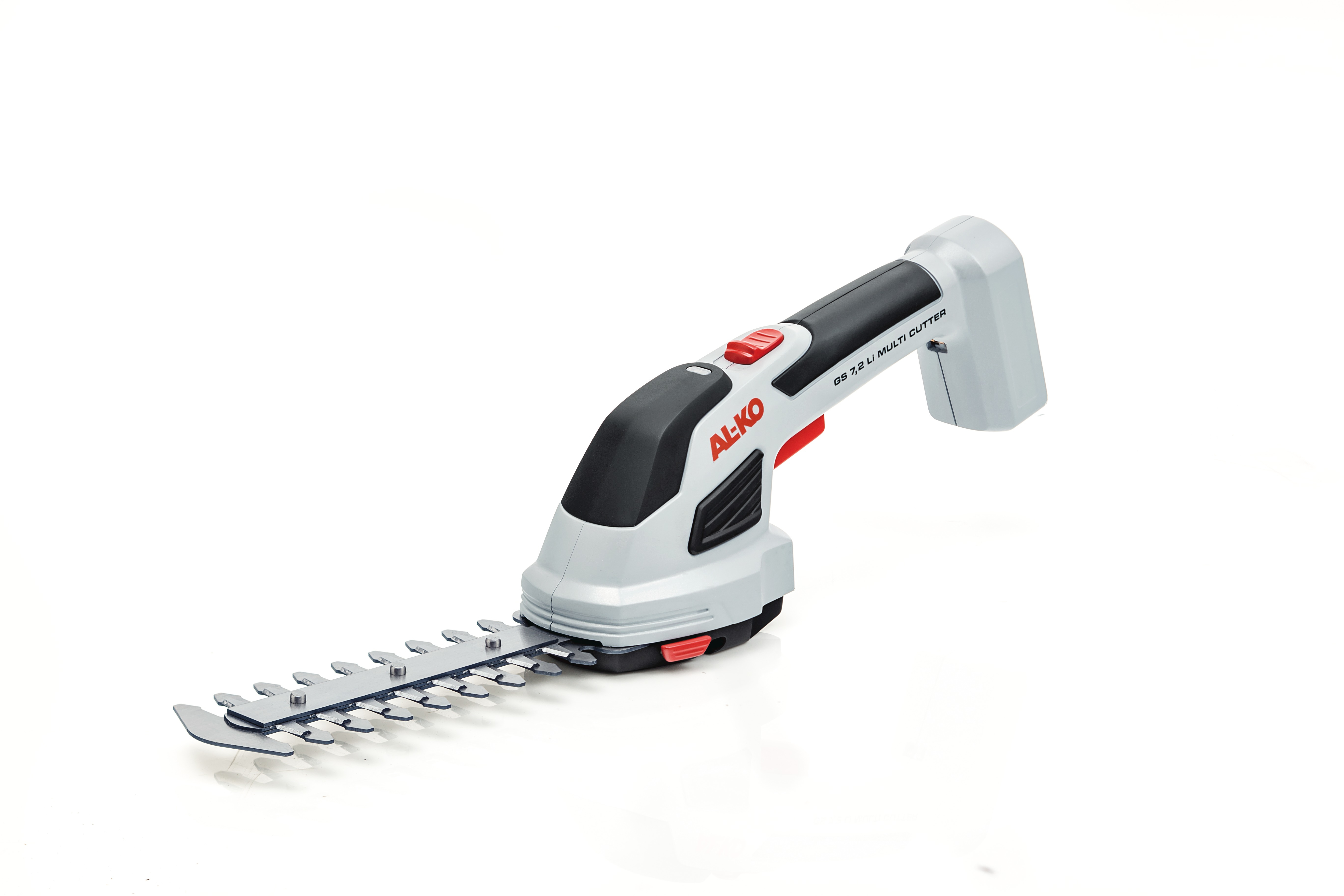 Akumulatorowe nożyce do trawy AL-KO ze srebrnymi ostrzami i białym uchwytem.