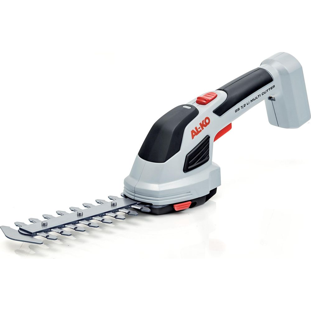 Lekkie, bezprzewodowe nożyce do żywopłotu w kolorze srebrnym i czarnym z czerwonymi akcentami.