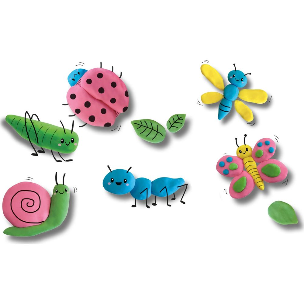 Bunte Knetfiguren von Tieren und Blättern auf weißem Hintergrund.