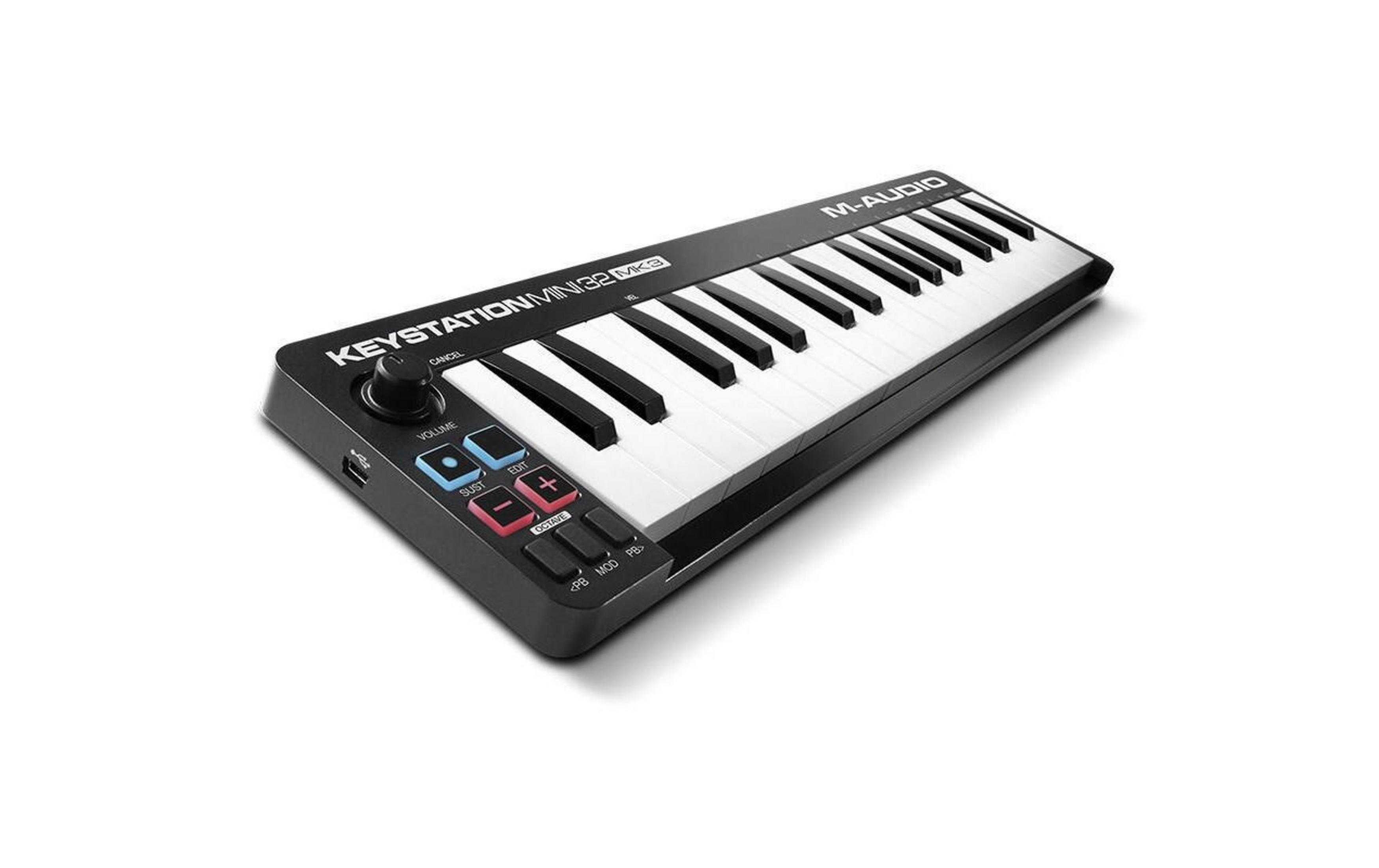 Ein M-Audio Keystation Mini 32 MK3 MIDI-Controller mit Tasten und Reglern.