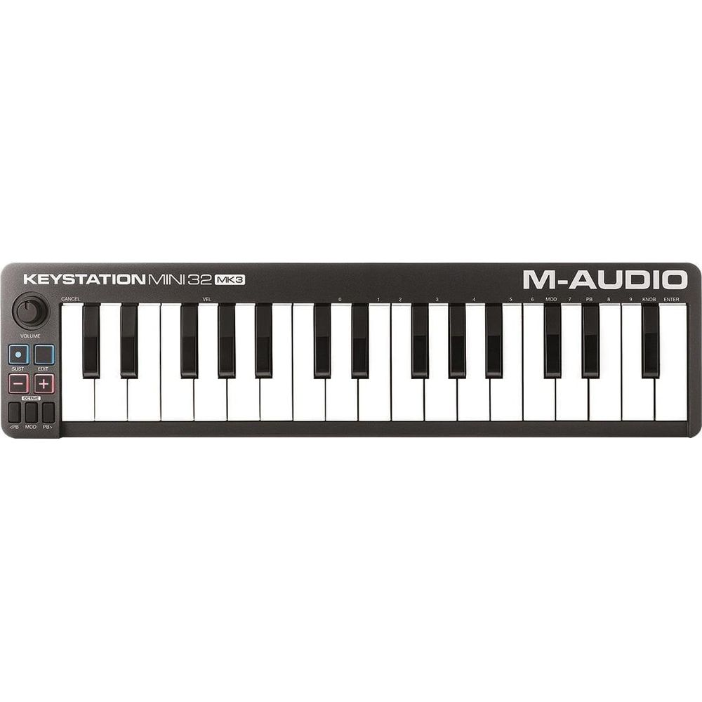 Ein schwarzes M-Audio Keystation Mini 32 MK3 MIDI-Keyboard mit 32 Tasten.