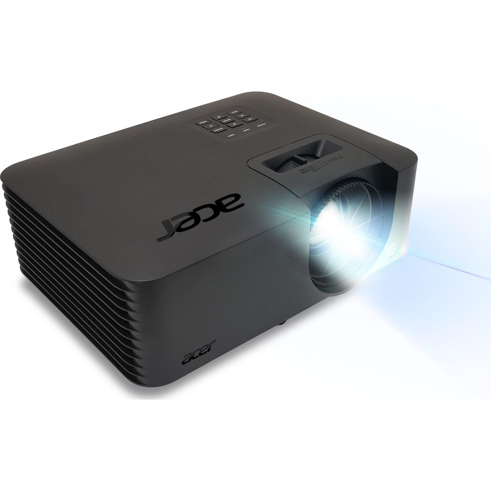 Un projecteur Acer noir avec une lentille lumineuse et un faisceau de lumière bleu sur fond blanc.