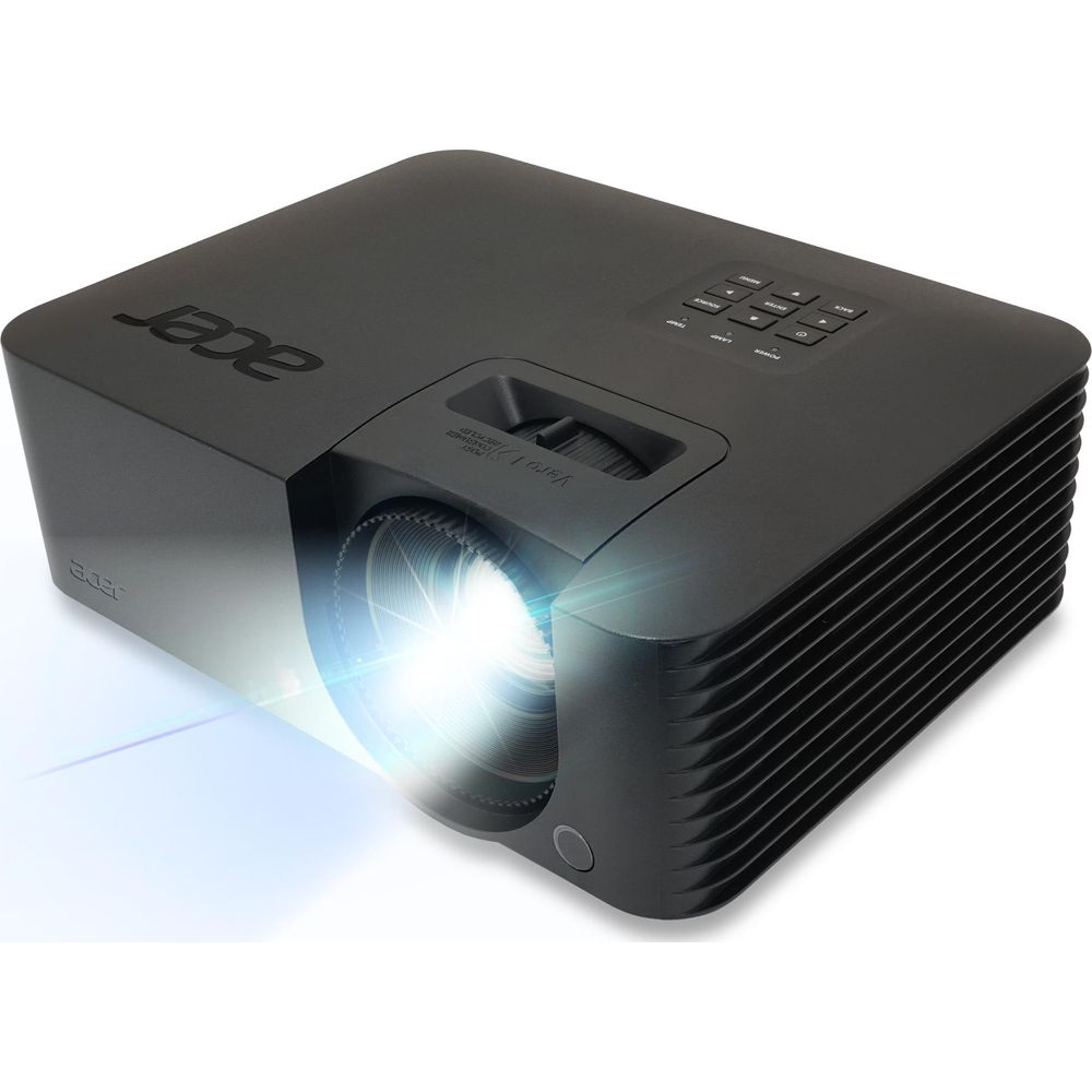 Un projecteur Acer noir avec une lentille brillante émettant des faisceaux bleus.