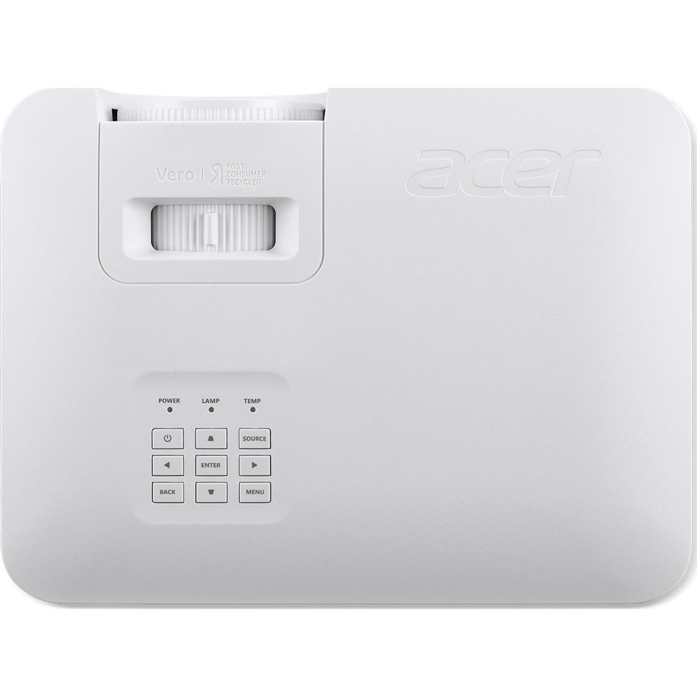 Un projecteur Acer blanc avec molette de mise au point, boutons et logo Acer.