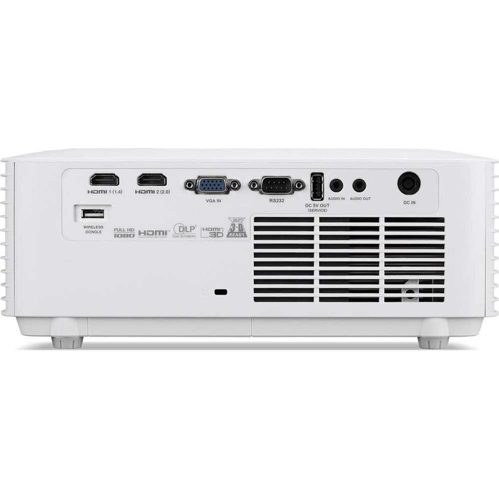 Panneau arrière d'un projecteur blanc avec divers ports : HDMI, VGA, RS232, Audio, DC In.