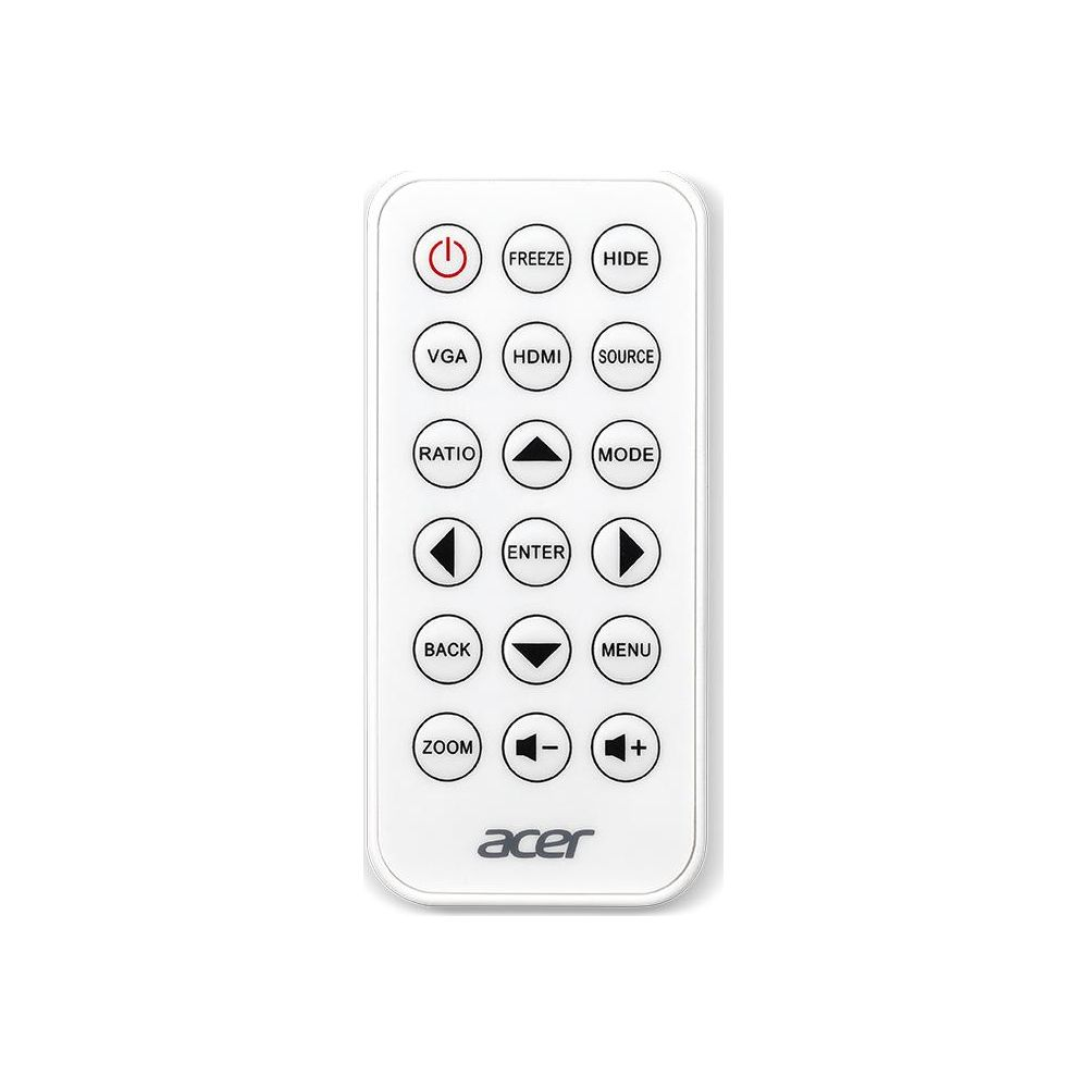 Télécommande blanche avec boutons marche/arrêt, source, navigation et logo Acer.