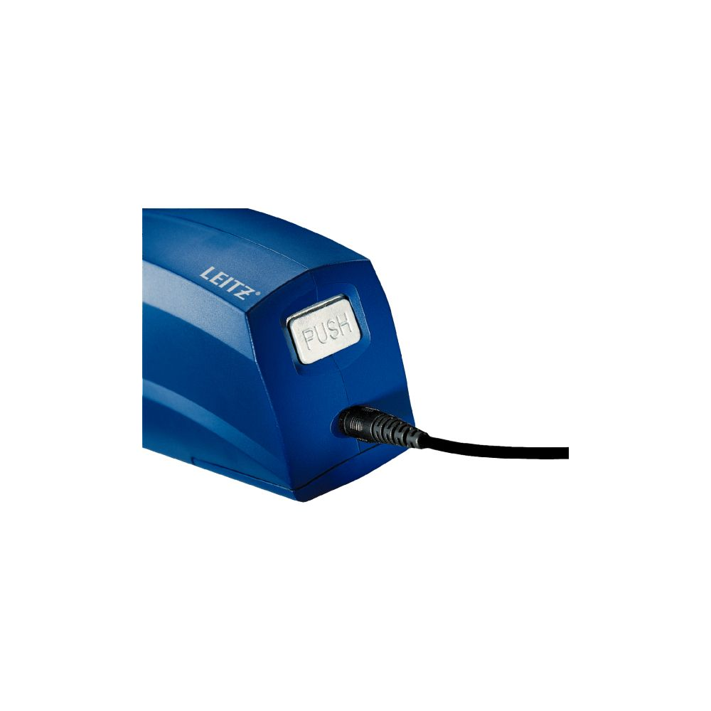 Blaues Leitz-Gerät mit silbernem "PUSH"-Knopf und schwarzem Kabel.