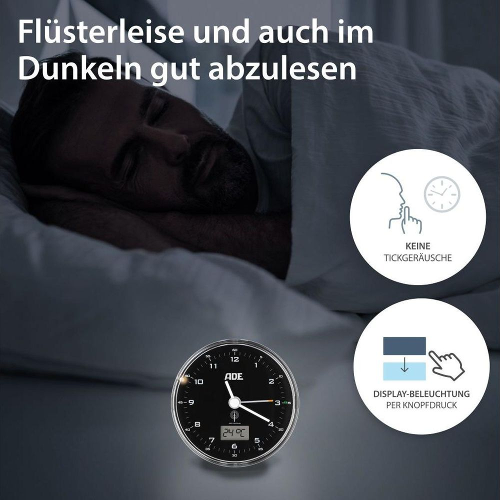 Uomo dorme, sveglia mostra 24°C e si illumina al tocco.