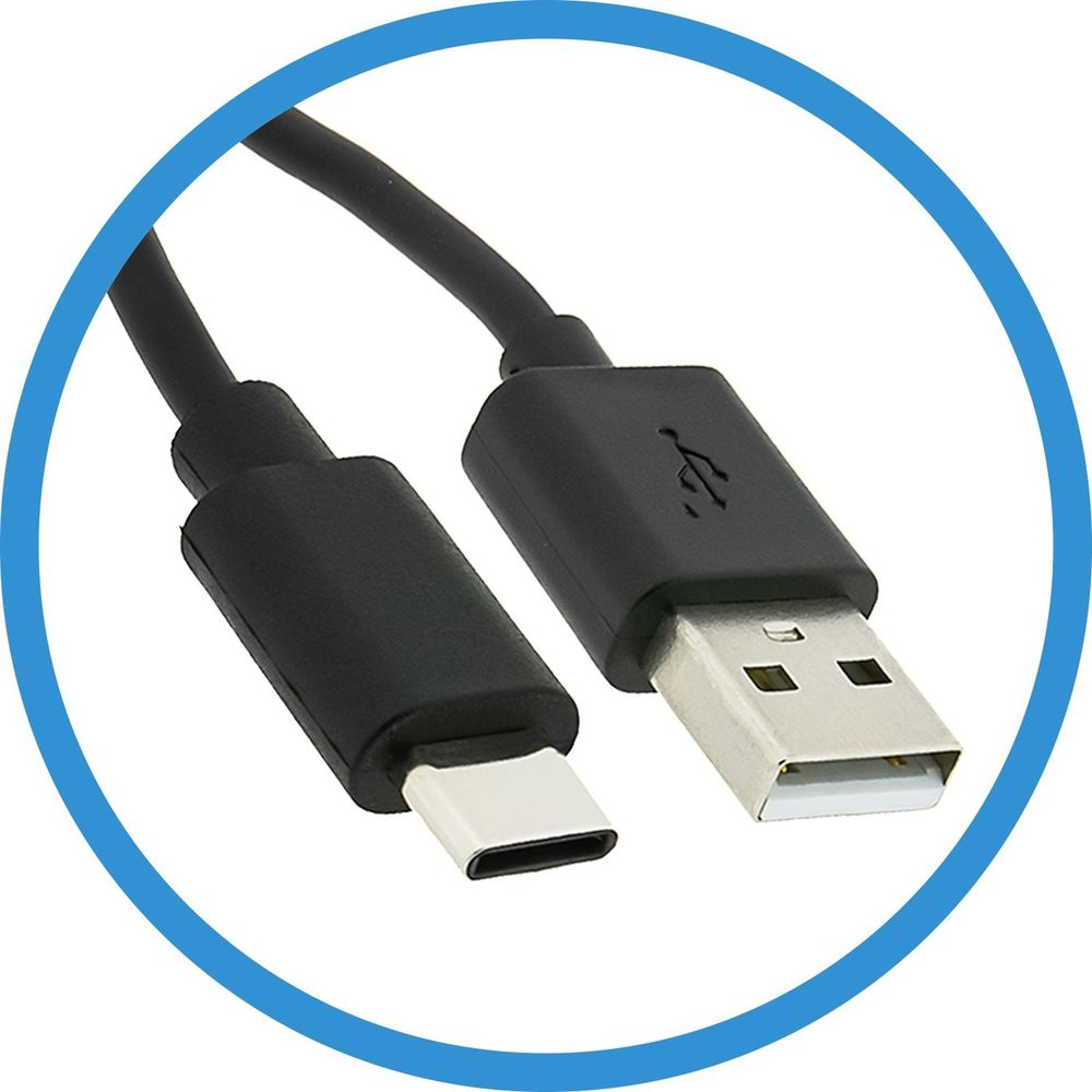 Un câble USB-C vers USB-A noir avec connecteurs blancs.