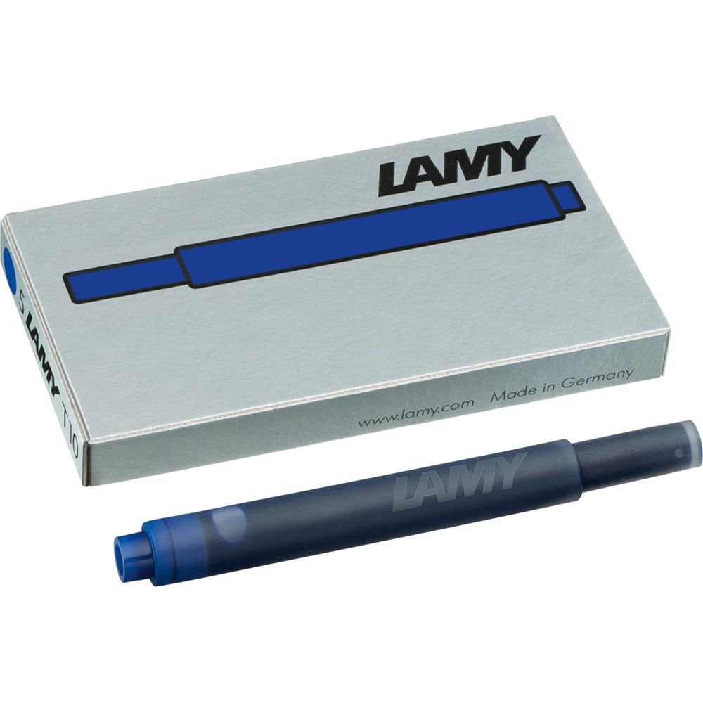 Blauer Lamy Tintenpatronenbehälter und eine blaue Tintenpatrone daneben.