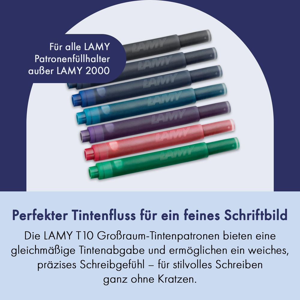 Sechs LAMY T10 Tintenpatronen in verschiedenen Farben: schwarz, blau, türkis, lila, rot, grün.