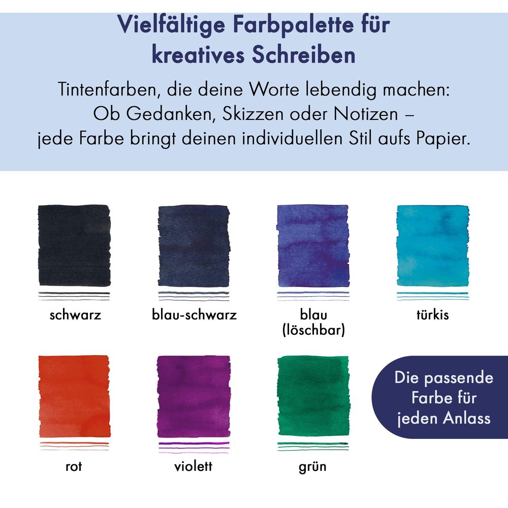 Farbpalette mit Tintenfarben: schwarz, blau-schwarz, blau, türkis, rot, violett, grün.