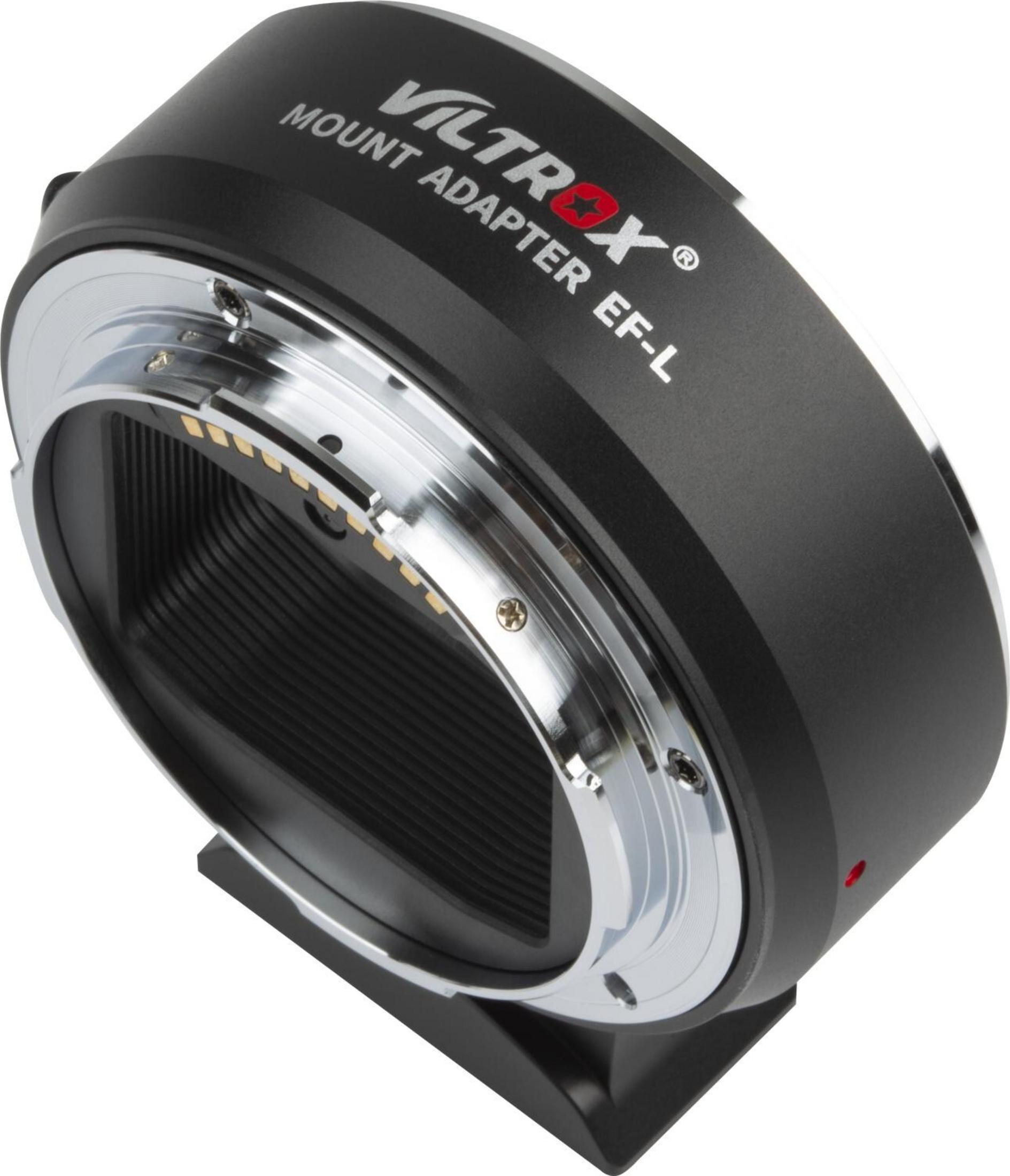 Un adaptateur d'objectif Viltrox EF-L noir avec bagues métalliques argentées et lettrage.