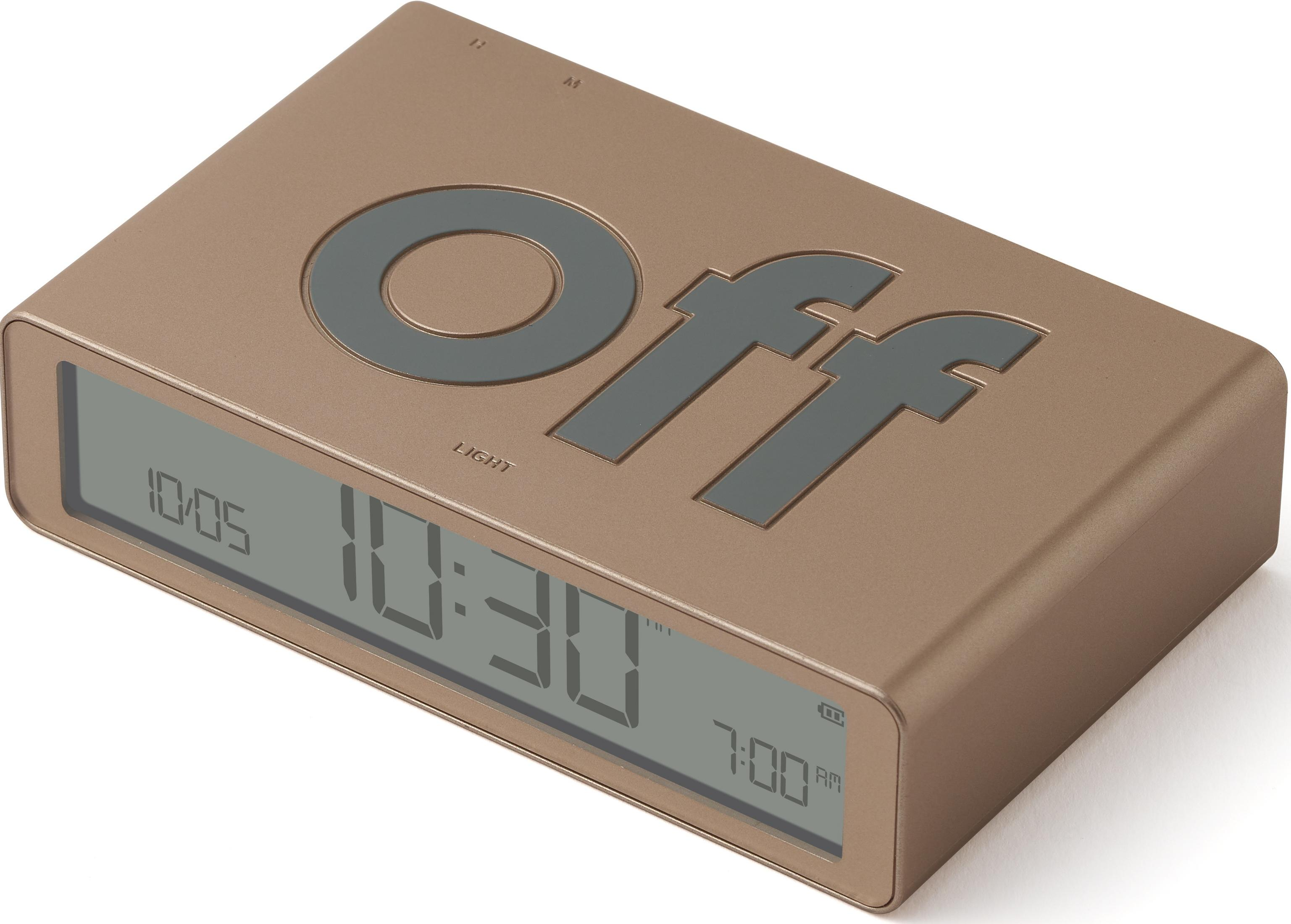 Una sveglia digitale color bronzo con testo "Off" e display digitali dell'ora.