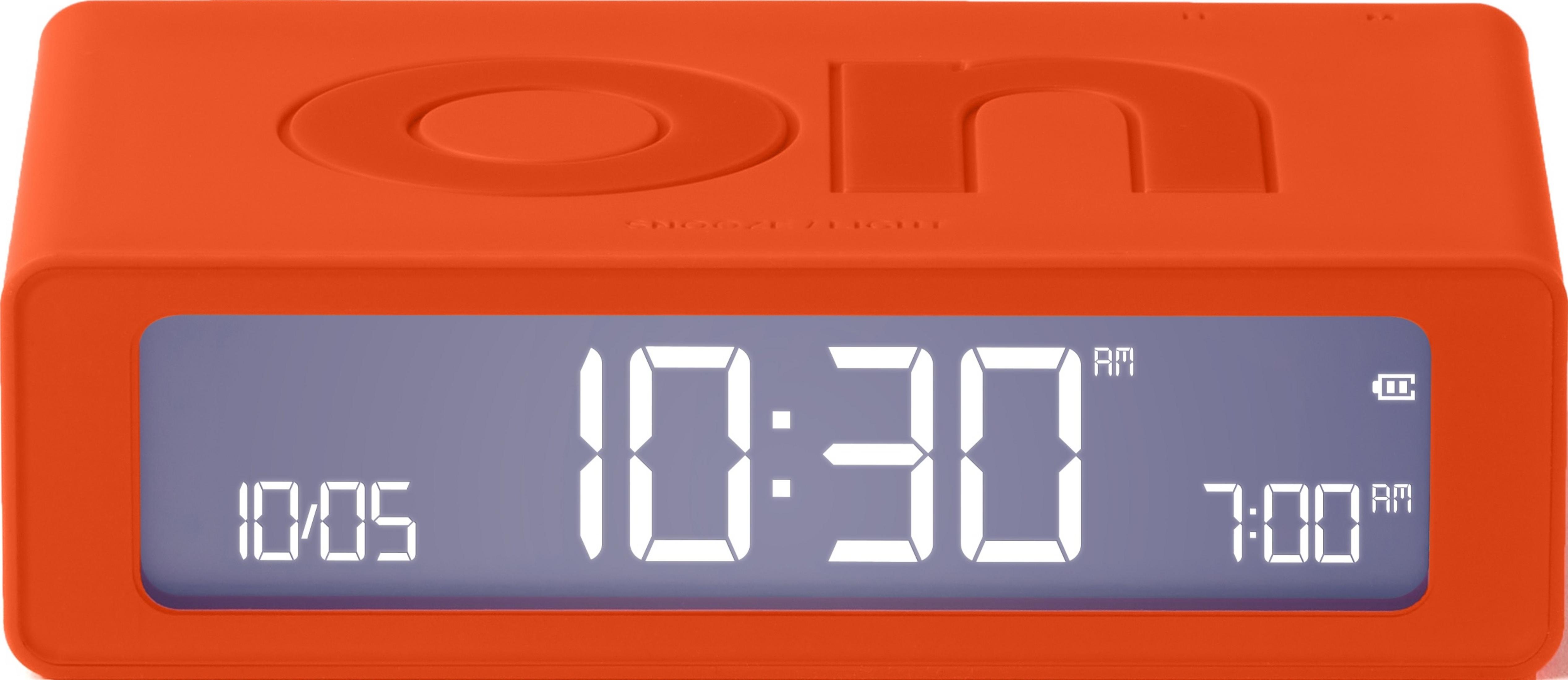 Horloge numérique orange affiche 10:05 et 7:00.