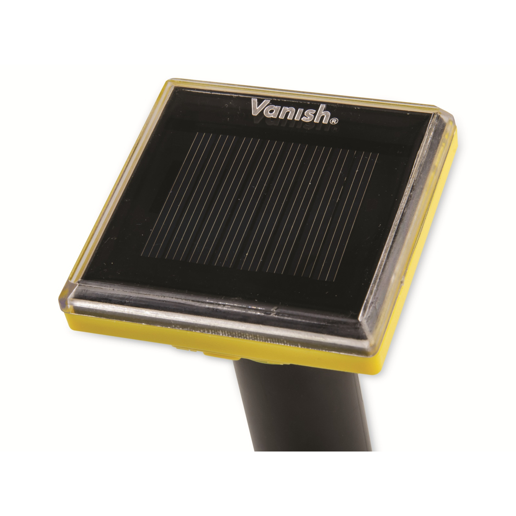 Ein gelbes Solarpanel-Gerät mit schwarzem Streifenmuster und dem Logo 