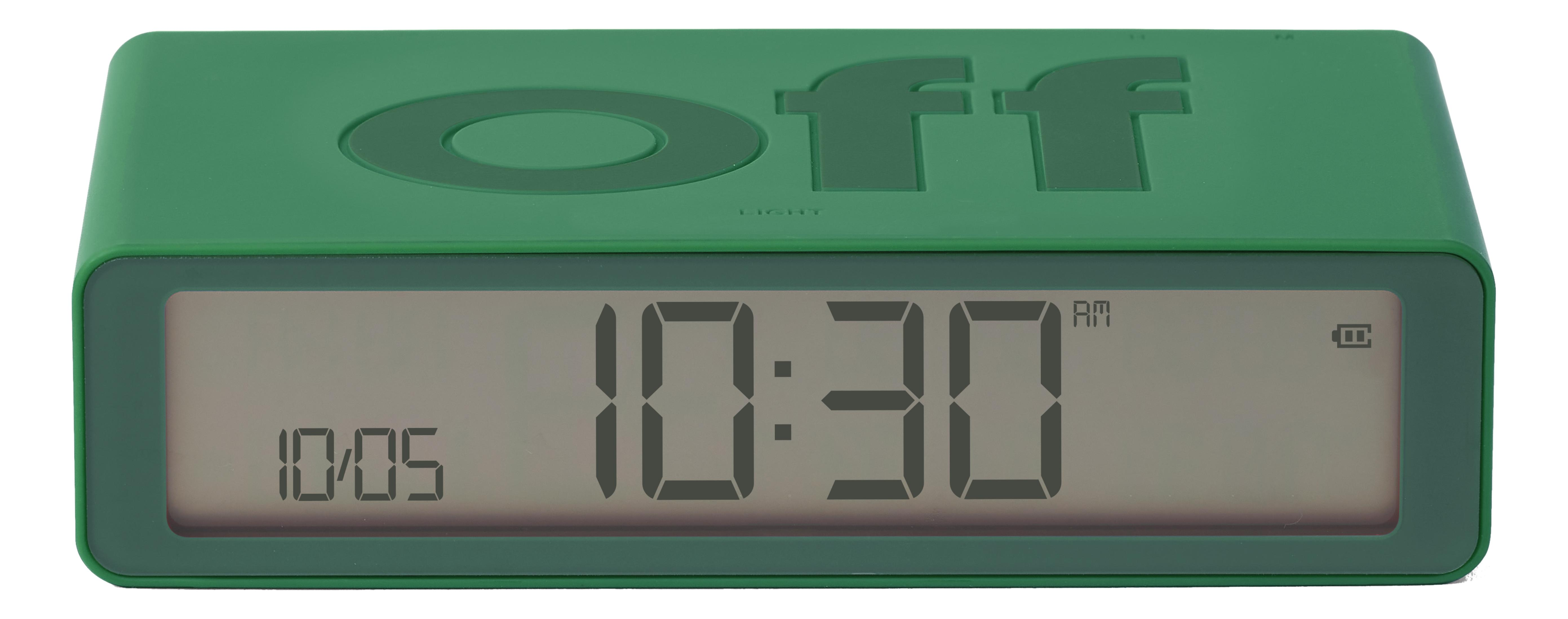 Ein grüner Digitalwecker zeigt 10:30 Uhr und das Datum 10/05 an.