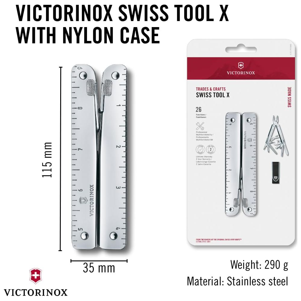Victorinox Swiss Tool X mit Nylonetui, Maße 115x35mm, 290g.