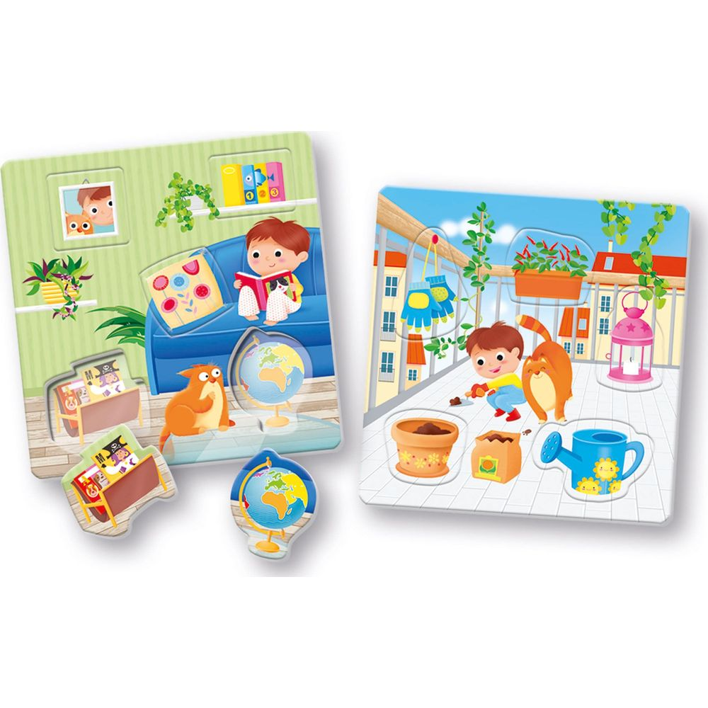Due puzzle: Bambino legge su divano blu, bambino pianta su balcone con gatto.