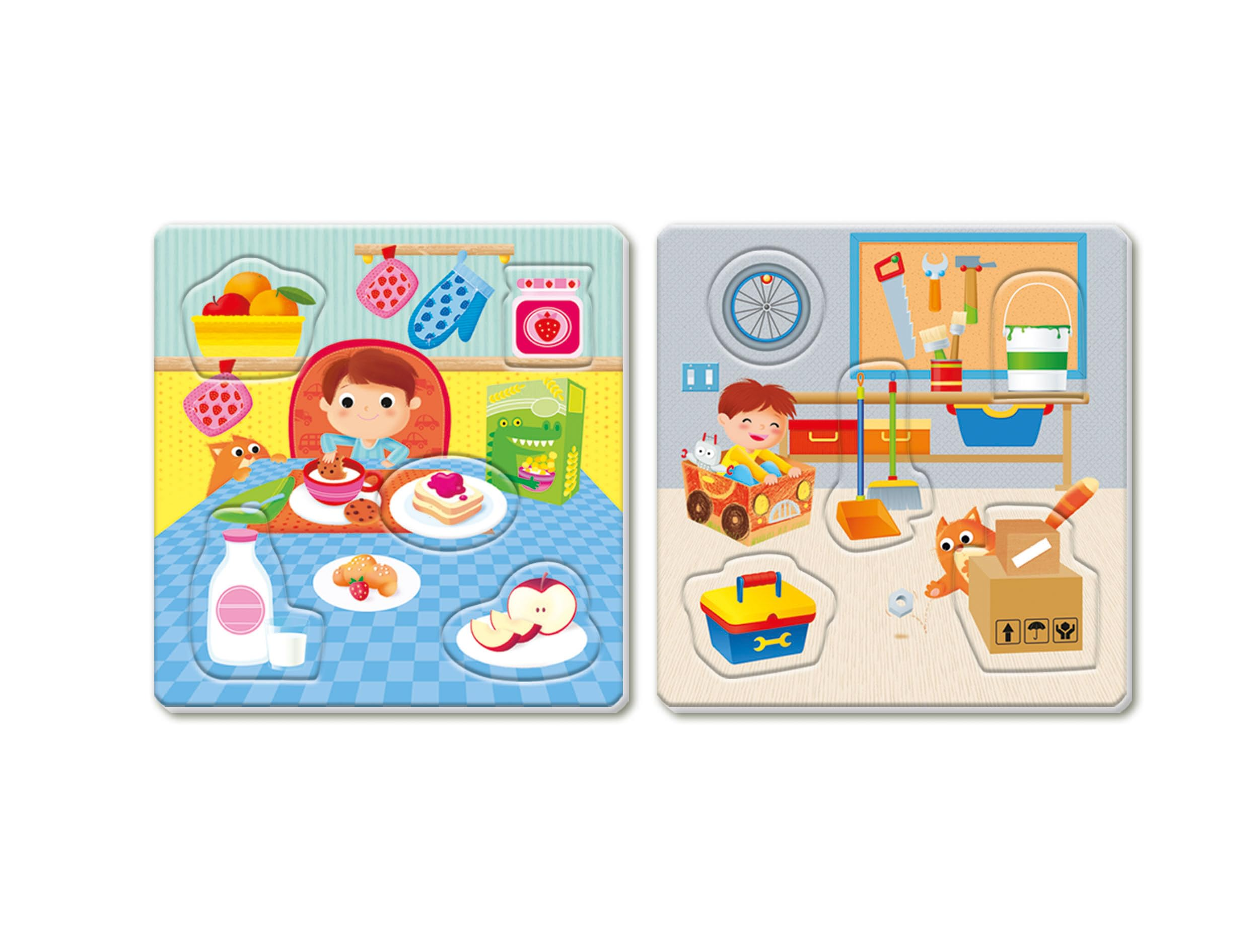 Due puzzle: pasto a tavola e un bambino in officina.