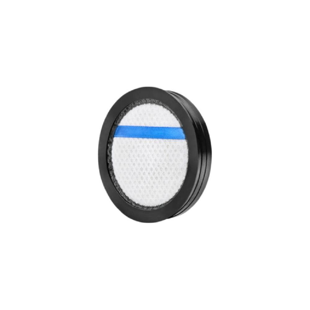 Un filtre noir rond avec une maille blanche et une bande bleue.