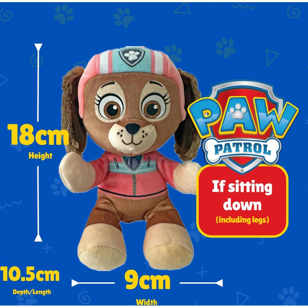 Ein Paw Patrol Skye Plüschtier, 18cm hoch, mit Maßen 10,5cm Tiefe, 9cm Breite.
