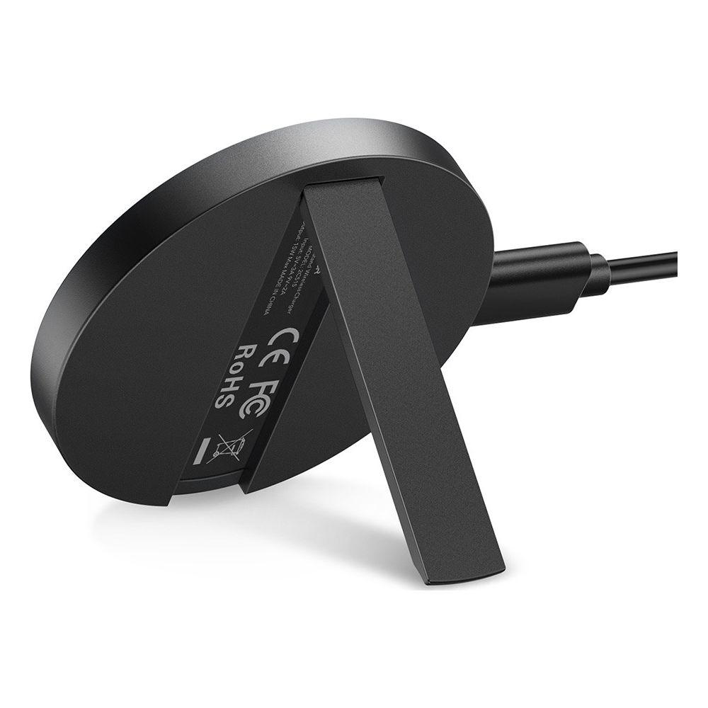 Caricatore wireless nero con supporto e cavo USB.