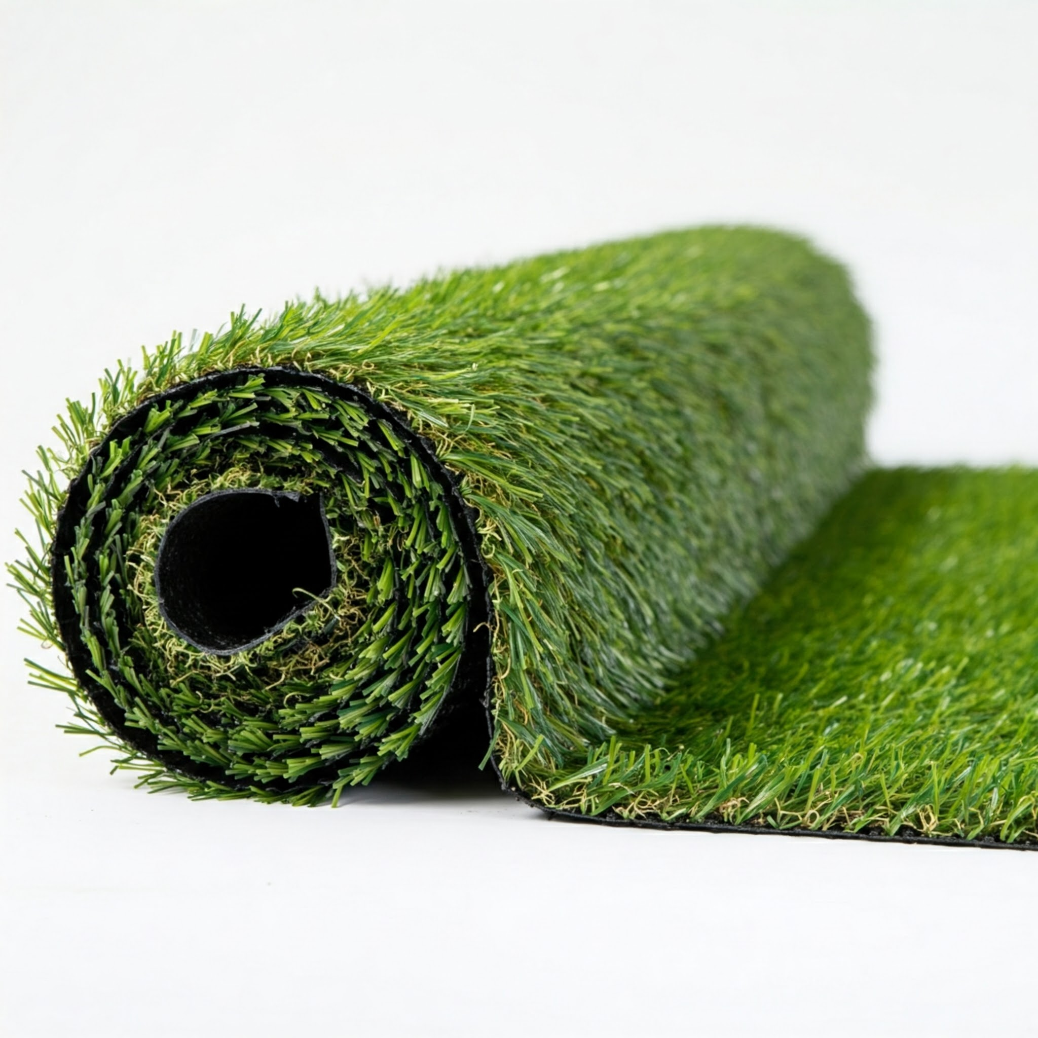 Tira de césped artificial enrollada con hojas verdes y base negra.