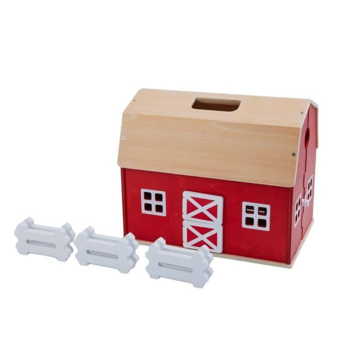 Ein rotes Holzspielzeughaus mit Holzdach und drei weißen Zäunen davor.