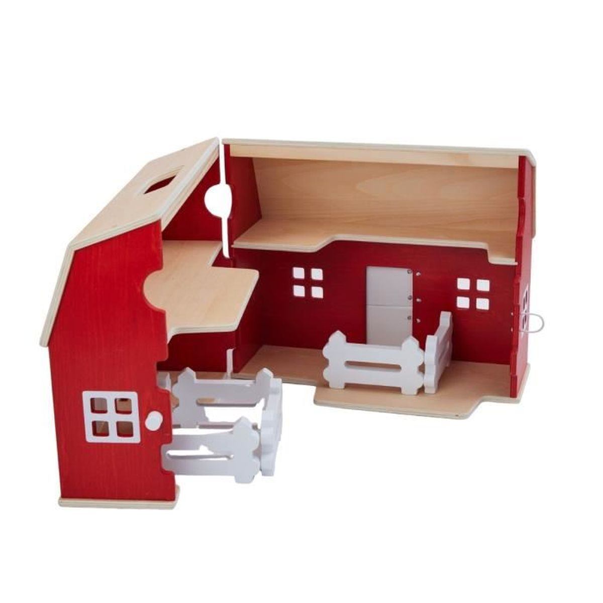 Ein rotes Holzpuppenhaus im Bauernhausstil mit weißen Zäunen und Holzböden.