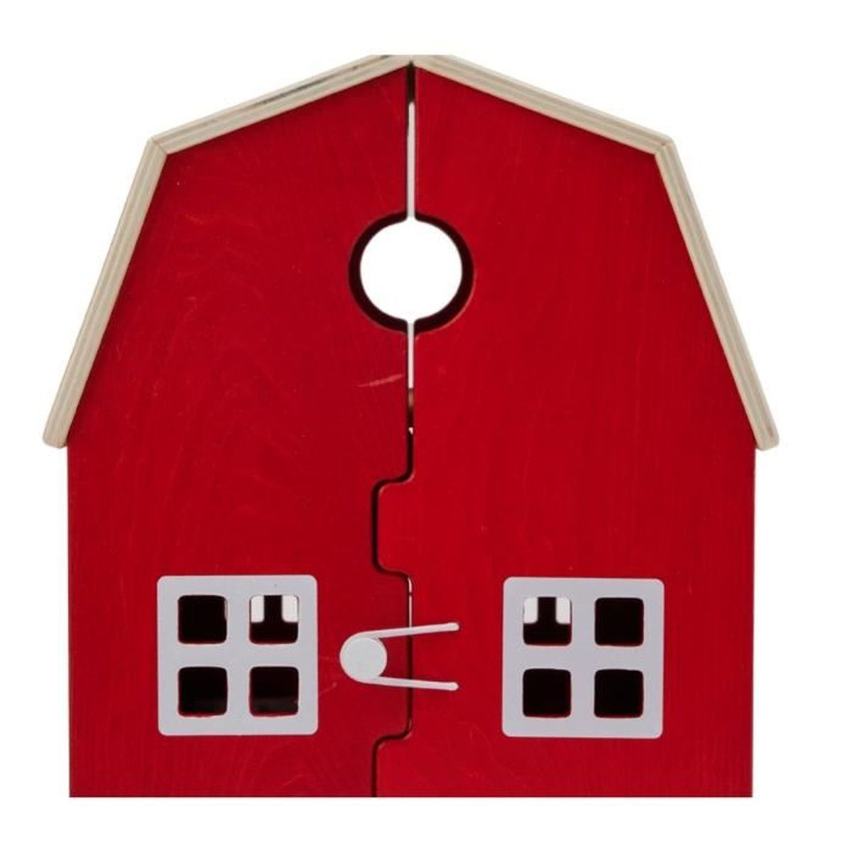 Rotes Holzspielzeug-Bauernhaus mit Dachfenster und zwei Fenstern.