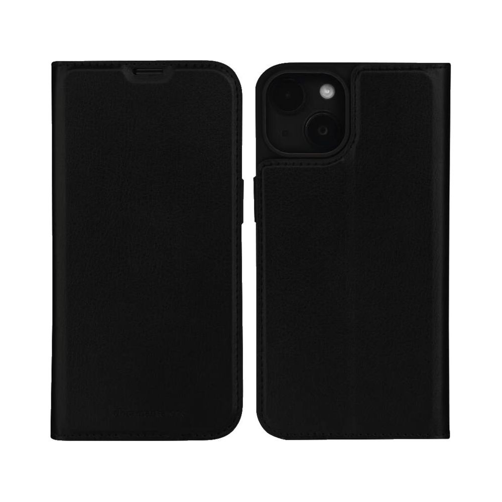 Schwarzes Lederetui mit zwei Fächern, eins für das Telefon, eins für die Klappe.