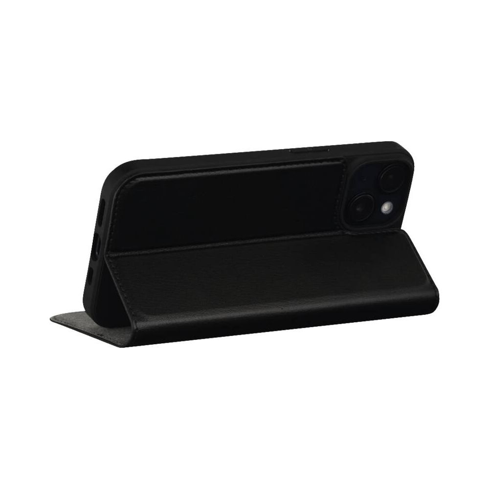 Ein schwarzes Smartphone mit einer nach vorne geklappten Hülle, die als Ständer dient.