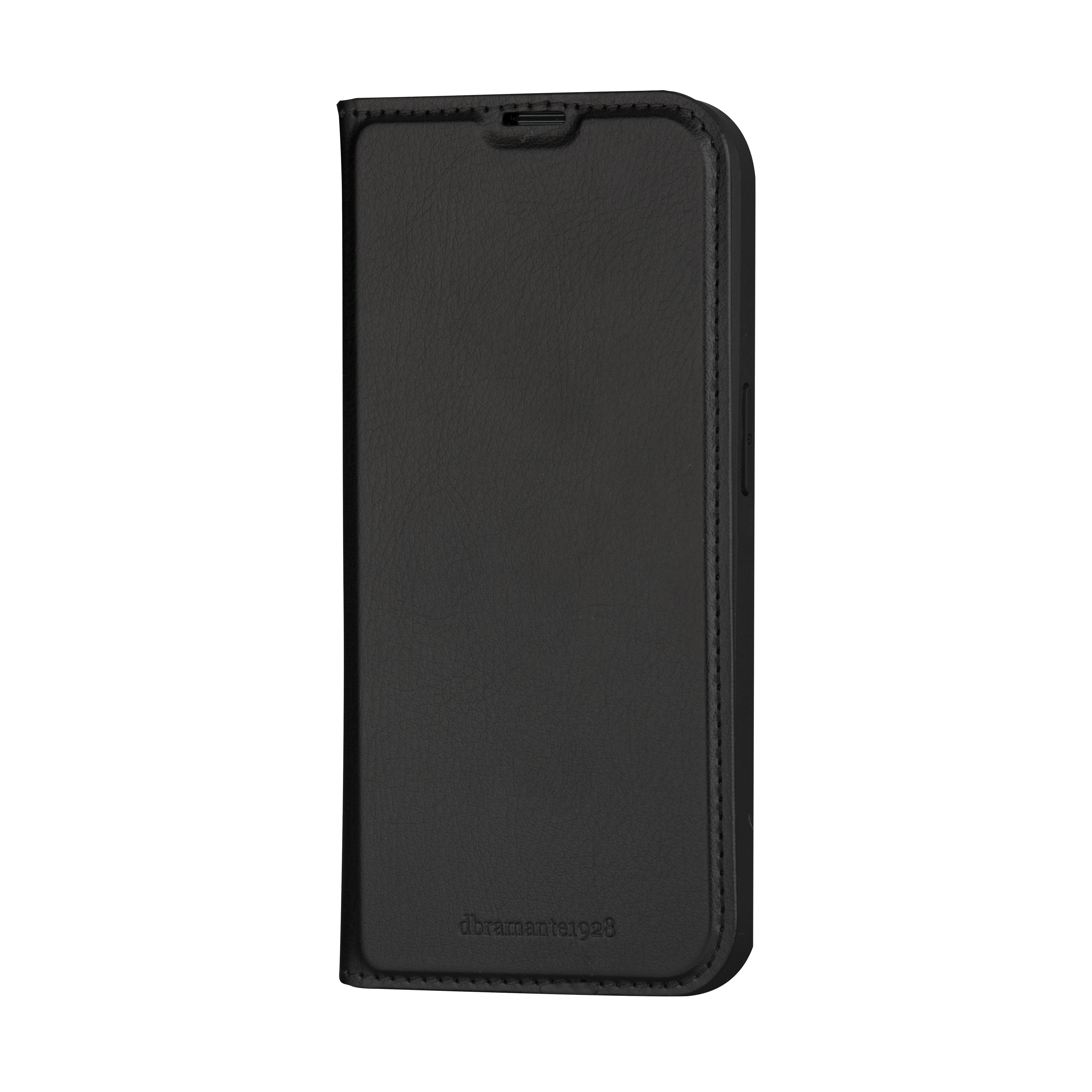 Schwarzes Leder-Flip-Case für ein Smartphone mit Nahtdetails und einem Ausschnitt.