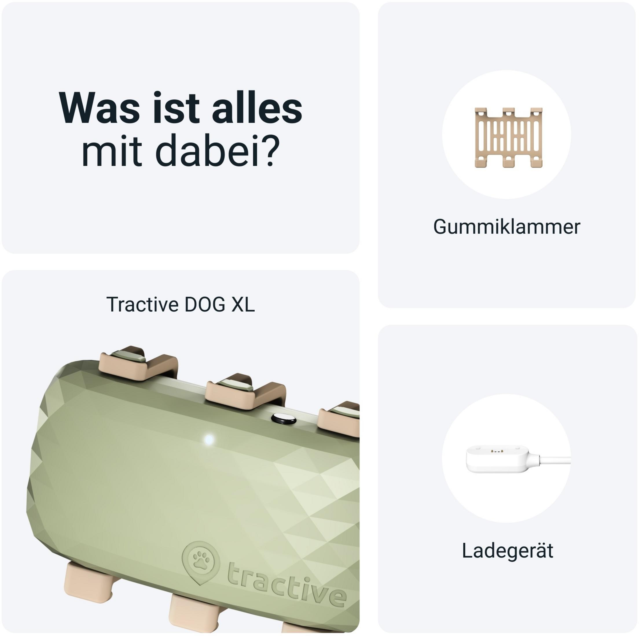 Tractive DOG XL: grünes Gerät, Ladekabel, Gummiklappe und ein Zaun-Symbol.