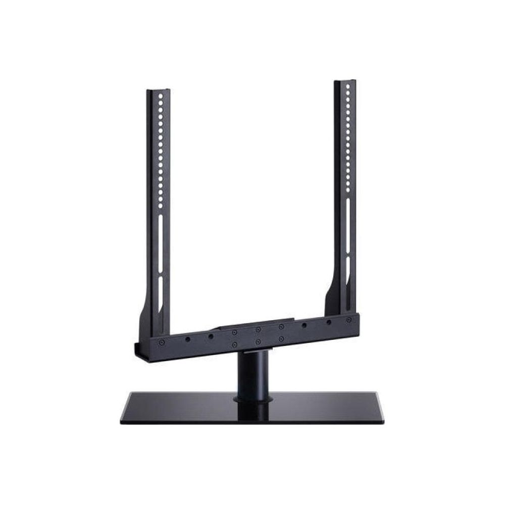 Support TV noir avec une base rectangulaire et deux colonnes verticales.