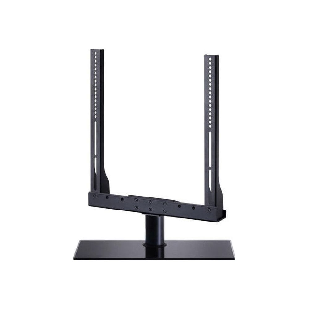 Support TV noir avec colonnes réglables et base rectangulaire en verre.