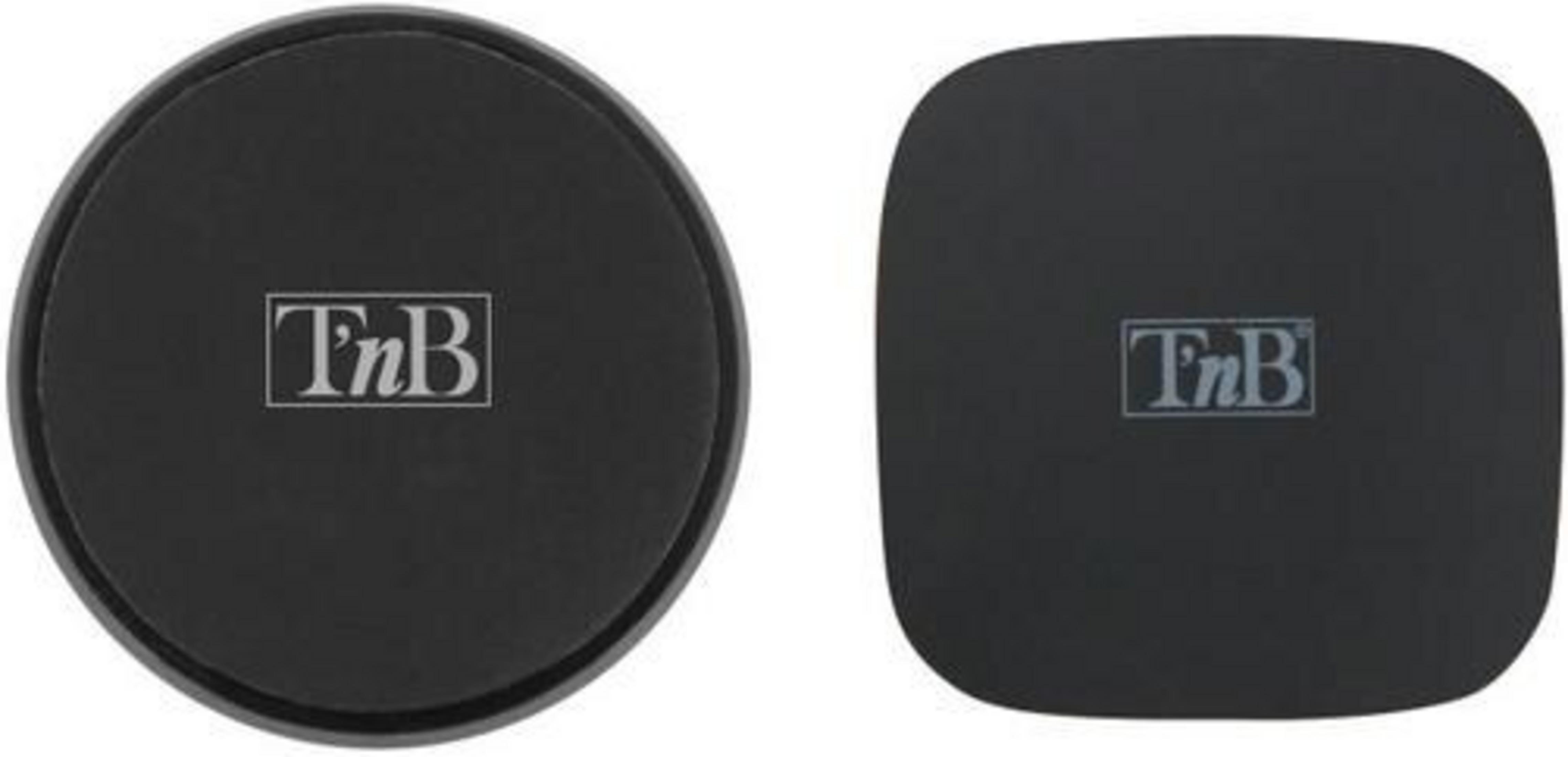 Zwei schwarze rechteckige und runde Objekte mit dem Logo "TnB".