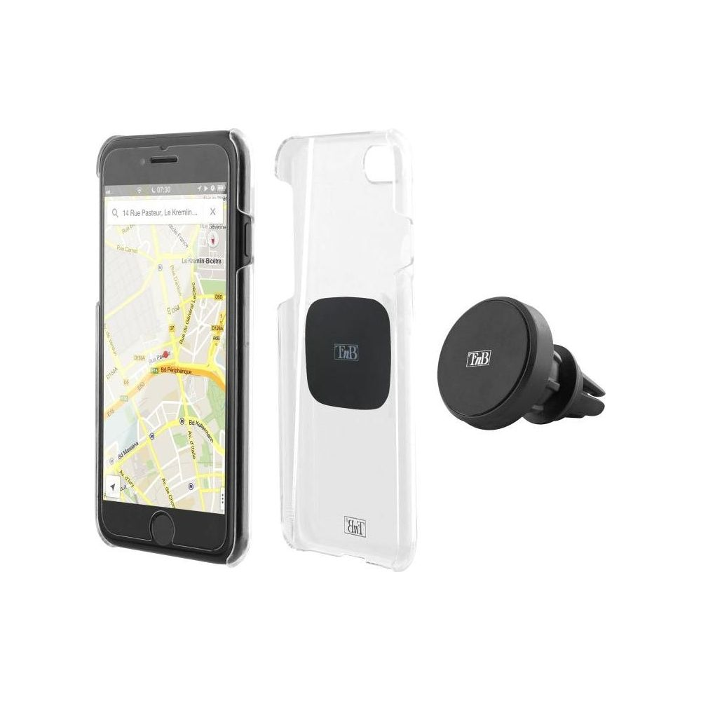 Ein Smartphone mit Navigations-App, eine Handyhülle und ein Autohalter.