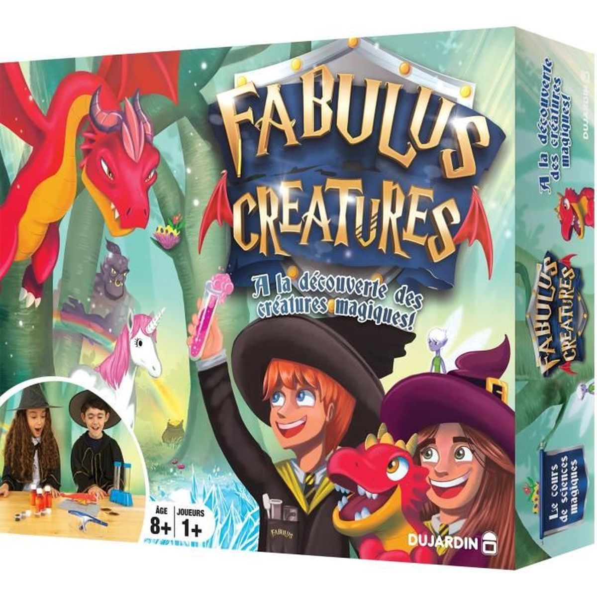 Brettspielcover mit Drachen, Einhorn, Hexen und Magie. Titel: Fabulus Creatures.