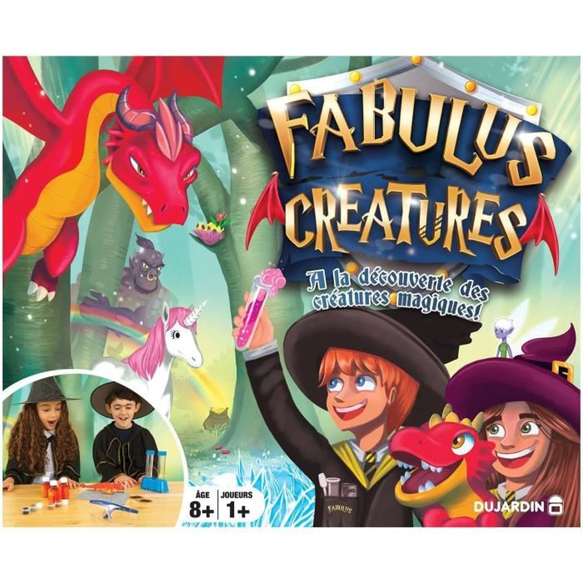 Brettspielcover mit Drachen, Einhorn, Zauberern und magischen Kreaturen.