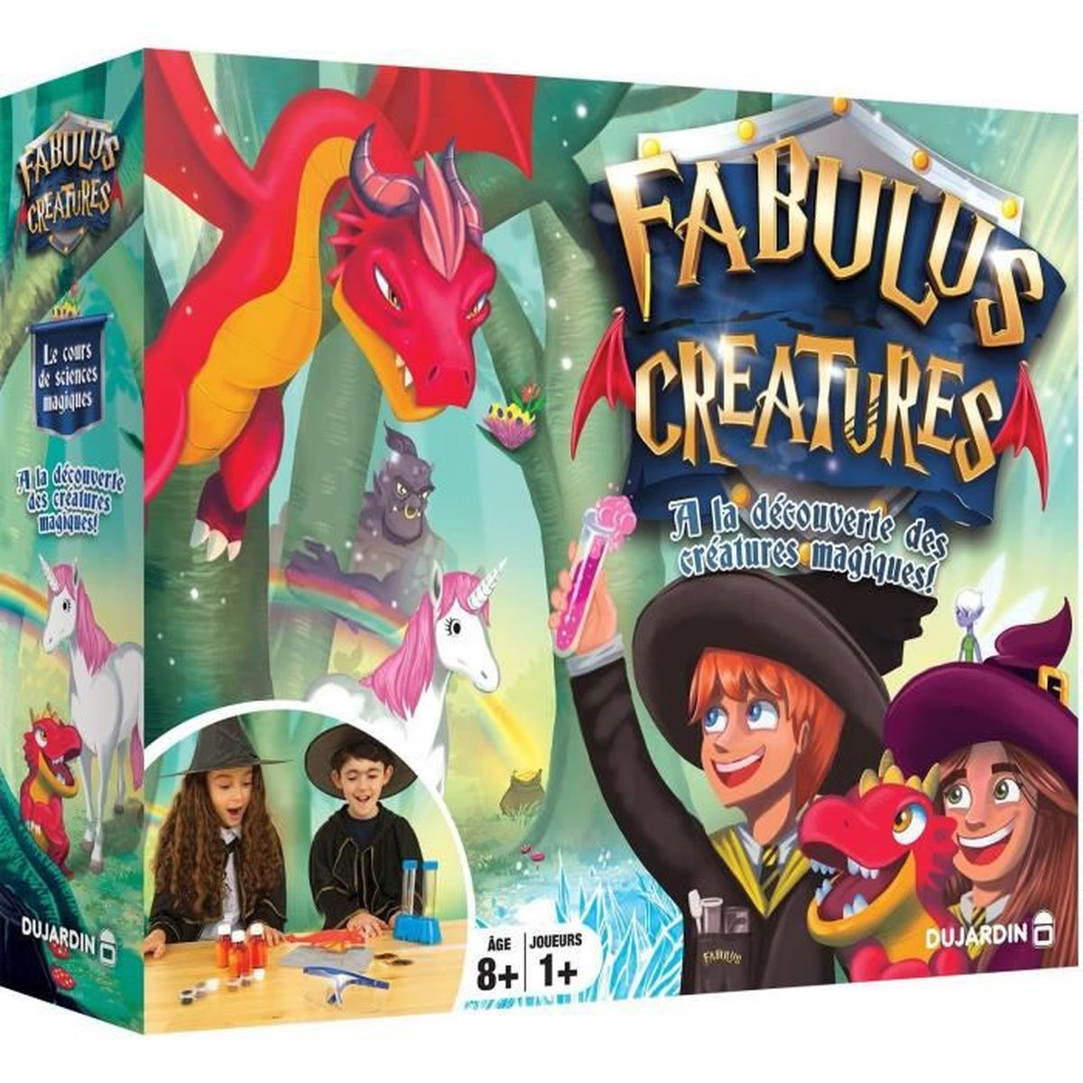 Brettspiel-Box mit Drachen, Einhörnern und Zauberern. Kinder spielen im Vordergrund.