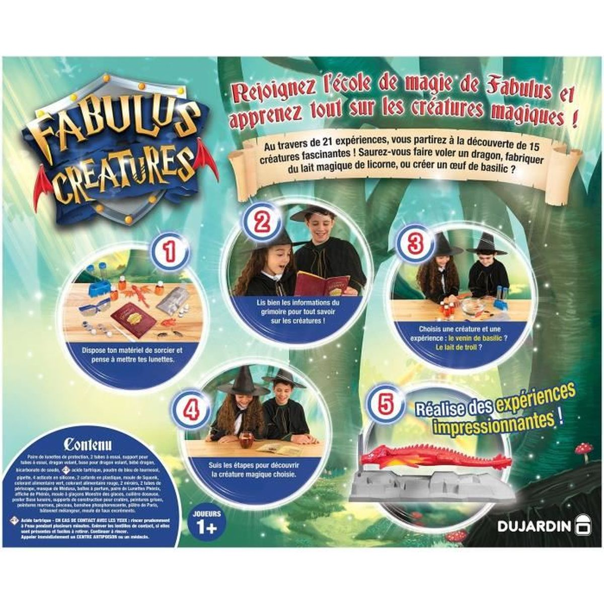 Eine Spielanleitung mit 5 Schritten für ein magisches Kreaturen-Experimentier-Set.