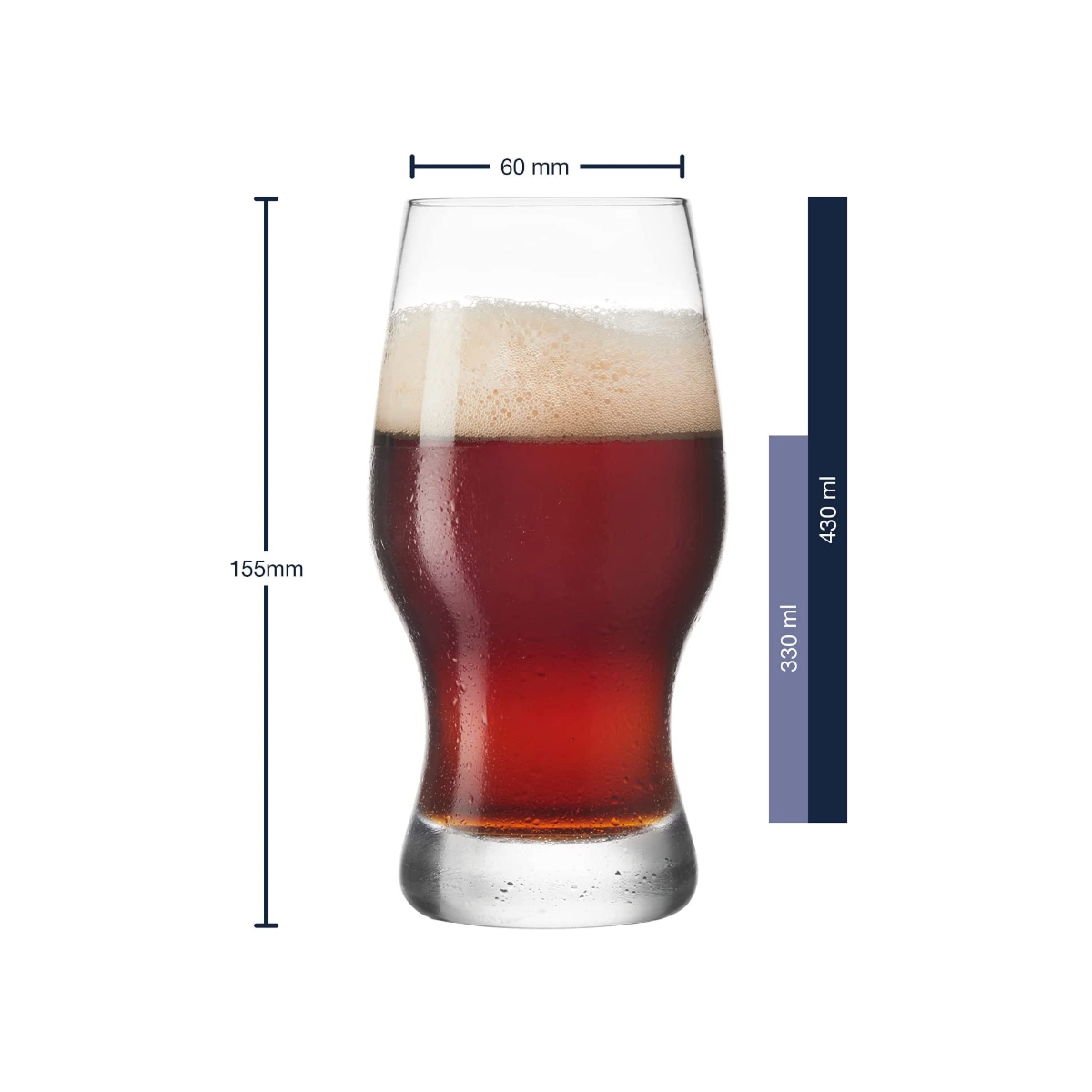 Ein Glas Bier, 155mm hoch, 60mm breit, mit 330ml und 430ml Markierungen.