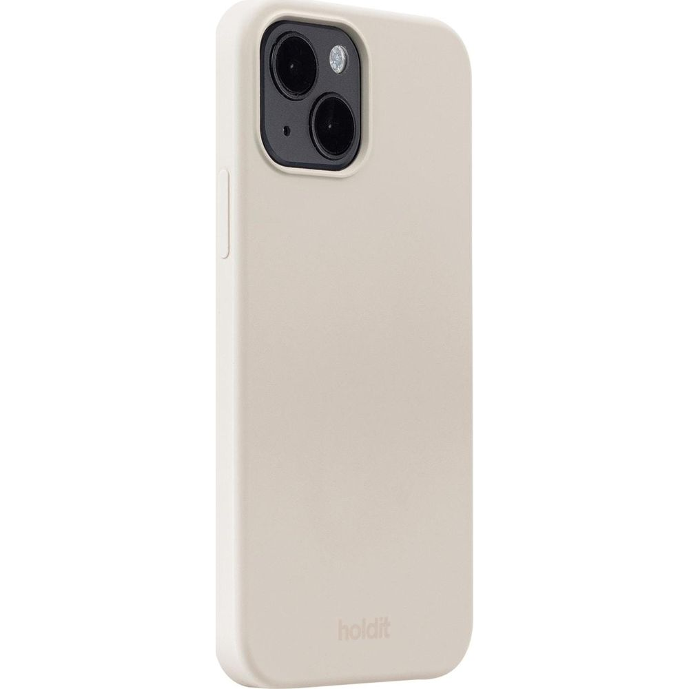 Eine beige Hülle für ein iPhone mit Kameramodul und „holdit“-Logo.